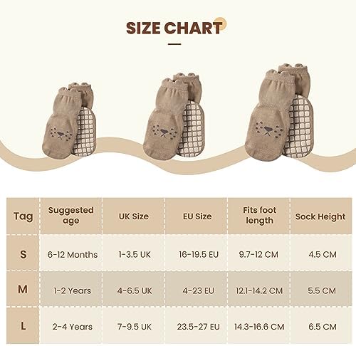Auranso Baby Socks 5 Pairs Boys Non Slip Grip Socks Kids Girls Cotton Cartoon Animal Toddler Sock With Grips 6-12/12-18 Months UK Size 1-9.5