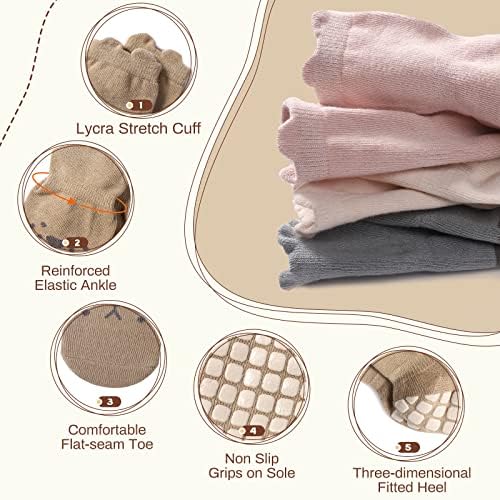 Auranso Baby Socks 5 Pairs Boys Non Slip Grip Socks Kids Girls Cotton Cartoon Animal Toddler Sock With Grips 6-12/12-18 Months UK Size 1-9.5