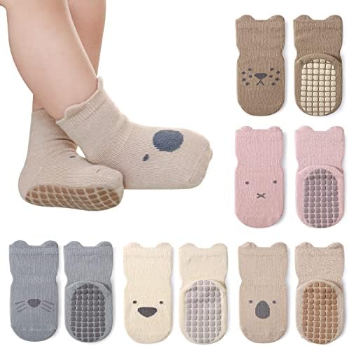 Auranso Baby Socks 5 Pairs Boys Non Slip Grip Socks Kids Girls Cotton Cartoon Animal Toddler Sock with Grips 6-12/12-18 Months UK Size 1-9.5