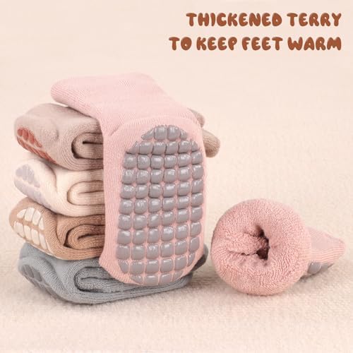 Auranso Baby Socks 5 Pairs Boys Winter Warm Terry Non Slip Grip Socks Girls Cartoon Pattern Thick Thermal Toddler Socks With Grips 6 12 18 Months UK Size 1-9.5 Kids