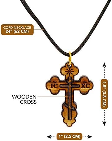 Authentic Wooden Eastern Orthodox Olive Wood Cross Necklace From Bethlehem - Real Olive Wood Christian Jewellery For Men And Women - Certificate Of Authenticity And Cotton Pouch Included
