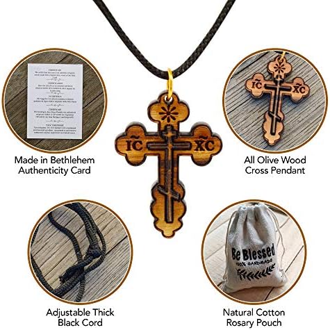Authentic Wooden Eastern Orthodox Olive Wood Cross Necklace From Bethlehem - Real Olive Wood Christian Jewellery For Men And Women - Certificate Of Authenticity And Cotton Pouch Included