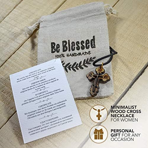 Authentic Wooden Eastern Orthodox Olive Wood Cross Necklace From Bethlehem - Real Olive Wood Christian Jewellery For Men And Women - Certificate Of Authenticity And Cotton Pouch Included