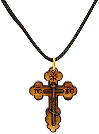 Authentic Wooden Eastern Orthodox Olive Wood Cross Necklace from Bethlehem - Real Olive Wood Christian Jewellery for Men and Women - Certificate of Authenticity and Cotton Pouch Included