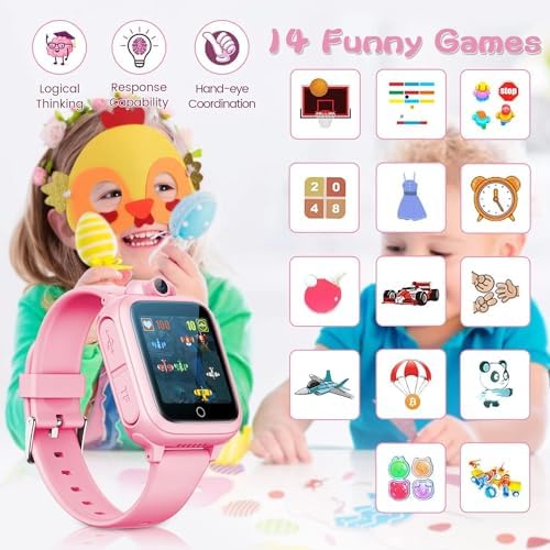 Awatty Kids Smart Watch For Boys Girls Fashion Smartwatches For 5-12 Year Olds Children Birthday Gift Toy For Kids Digital Watch With 14 Puzzle Games And 90° Rotating Camera (Pink)