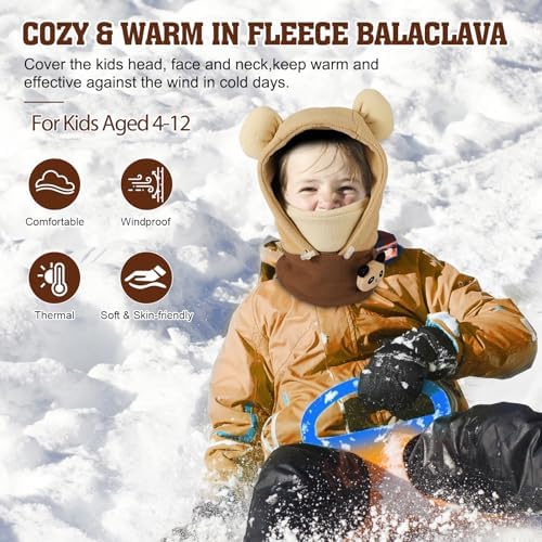 AYPOW Kids Winter Thermal Fleece Balaclava Kids Windproof Balaclava Hood Hat Hood Hat Warm Full Face Mask Unisex Kids 3D Animal Face Cover Ski Mask For Snowboarding Hiking