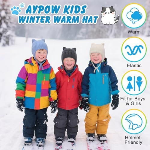 AYPOW Kids Winter Warm Ear Flaps Knitted Beanie Hats Cute Cat Ear Soft Windproof Elastic Headwear Skin-Friendly Outdoor Skull Cap For 3-12 Years Boys Girls