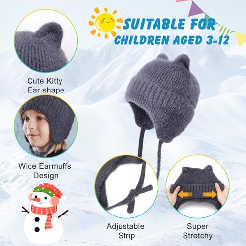 AYPOW Kids Winter Warm Ear Flaps Knitted Beanie Hats Cute Cat Ear Soft Windproof Elastic Headwear Skin-Friendly Outdoor Skull Cap For 3-12 Years Boys Girls