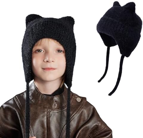 AYPOW Kids Winter Warm Ear Flaps Knitted Beanie Hats Cute Cat Ear Soft Windproof Elastic Headwear Skin-Friendly Outdoor Skull Cap for 3-12 Years Boys Girls