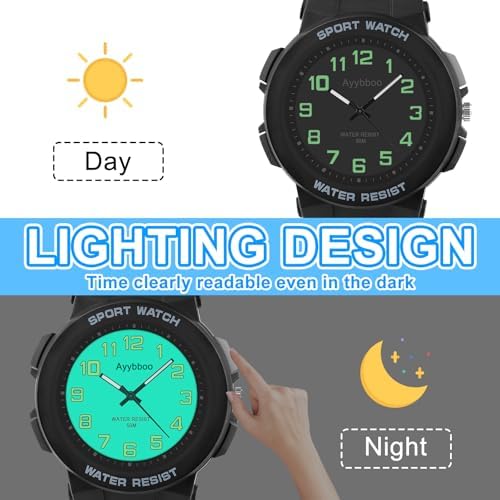 Ayybboo Kids Watch Boys Girls 50M Waterproof Analogue Quartz Children's Watch With Light Easy To Read For Teenagers Ages 6-15