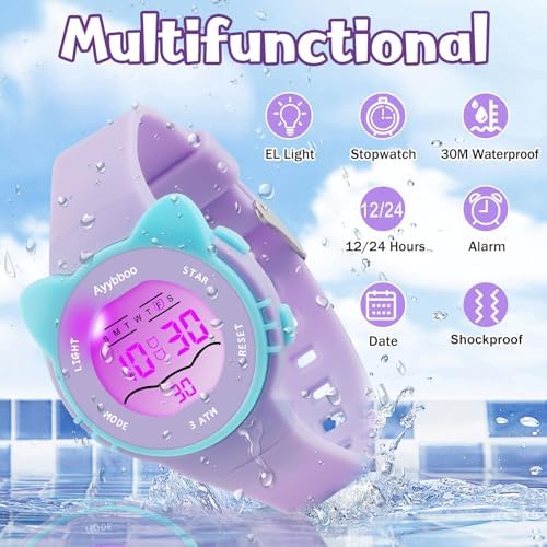 Ayybboo Kids Watch Toddler Digital Watch With 7 Color Lights & Kitten Design Waterproof Children's Watches For Girls/Boys 4-12 Years Old