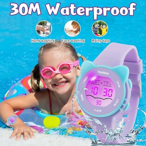 Ayybboo Kids Watch Toddler Digital Watch With 7 Color Lights & Kitten Design Waterproof Children's Watches For Girls/Boys 4-12 Years Old