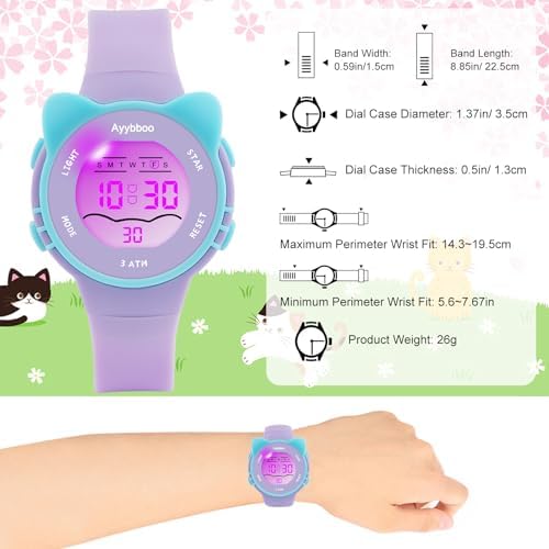 Ayybboo Kids Watch Toddler Digital Watch With 7 Color Lights & Kitten Design Waterproof Children's Watches For Girls/Boys 4-12 Years Old
