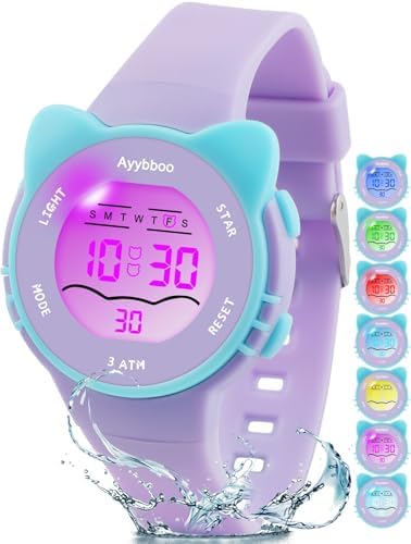 Ayybboo Kids Watch Toddler Digital Watch with 7 Color Lights & Kitten Design Waterproof Children's Watches for Girls/Boys 4-12 Years Old