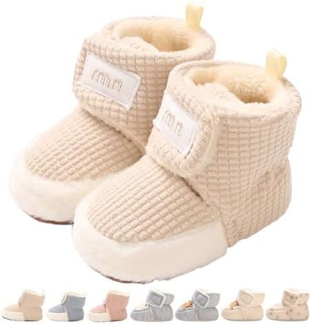 Baby Boys Girls Winter Warm Fleece Booties Snow Boots Newborn Non-Slip Soft Sole Sock Shoes Slippers Toddler Cotton Thermal Adjustable Crawling Barefoot Walker Shoes 0-18 Months
