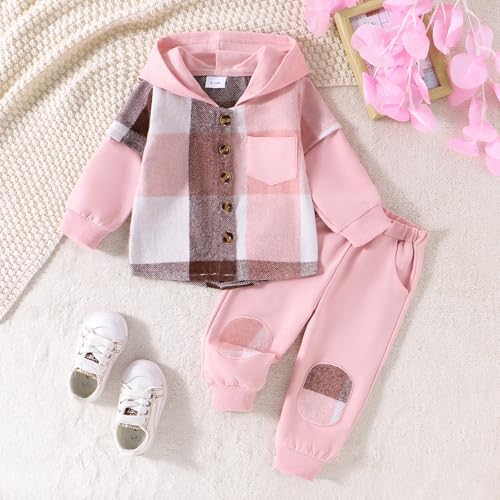 Baby Girls Fall Winter Outfits Hoodies Button-up Sweatshirts Coats Pants Jogger Trousers Set Toddler Infant Contrast Color Clothes