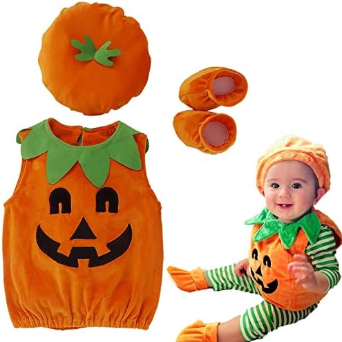 Baby Halloween Costume Pumpkin Costume Kids Newborn Outfit Jumpsuit Pumpkin Romper with Hat Shoes for Baby Girls Boys Infant Clothes Set