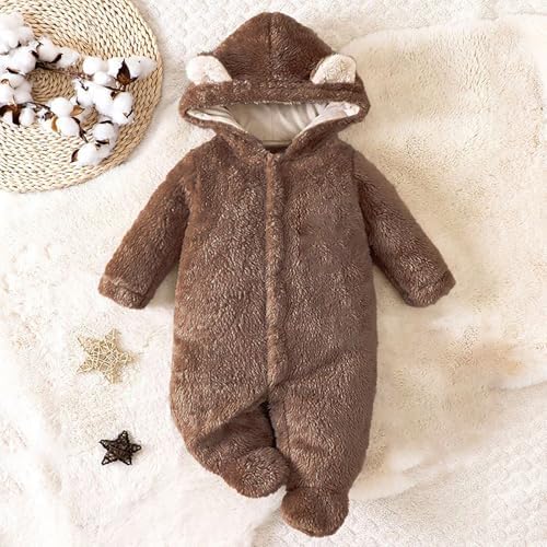 Baby Zip Up Plush Romper Fleece Hooded Onesie Winter Warm One Piece Halloween Outfits Thick Cozy Zipper Jumpsuit Swonsuit Unisex Infant Cute Bear Home Wear