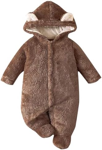 Baby Zip up Plush Romper Fleece Hooded Onesie Winter Warm One Piece Halloween Outfits Thick Cozy Zipper Jumpsuit Swonsuit Unisex Infant Cute Bear Home Wear