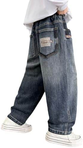 Baggy Jeans Boys Wide Leg Elastic Waistband and Multiple Pockets Cargo Trousers Jeans Denim Trousers for Children