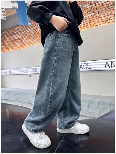 Baggy Jeans Boys Wide Straight Abrasions Jeans With Elastic Width Adjustable Waistband Vintage Casual Children's Denim Trousers Loose Fit Cargo Trousers Streetwear Boys Toddlers