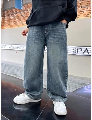 Baggy Jeans Boys Wide Straight Abrasions Jeans With Elastic Width Adjustable Waistband Vintage Casual Children's Denim Trousers Loose Fit Cargo Trousers Streetwear Boys Toddlers