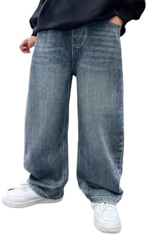 Baggy Jeans Boys Wide Straight Abrasions Jeans with Elastic Width Adjustable Waistband Vintage Casual Children's Denim Trousers Loose Fit Cargo Trousers Streetwear Boys Toddlers