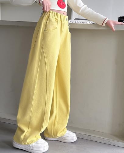 Baggy Jeans Girls Wide Leg Flared Trousers Wide Leg Outdoor Trousers Summer Trousers High Waist Cargo Trousers Y2K Jeans Girls Pants Girls Fashion Trousers For Children Yellow 7-8 Years