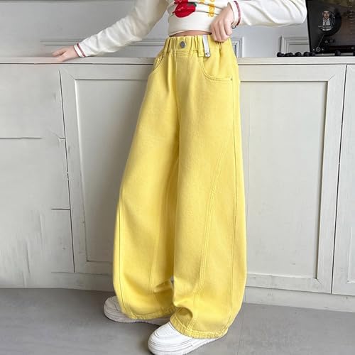 Baggy Jeans Girls Wide Leg Flared Trousers Wide Leg Outdoor Trousers Summer Trousers High Waist Cargo Trousers Y2K Jeans Girls Pants Girls Fashion Trousers For Children Yellow 7-8 Years