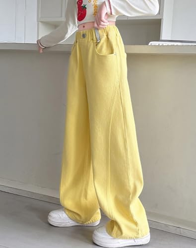 Baggy Jeans Girls Wide Leg Flared Trousers Wide Leg Outdoor Trousers Summer Trousers High Waist Cargo Trousers Y2K Jeans Girls Pants Girls Fashion Trousers For Children Yellow 7-8 Years