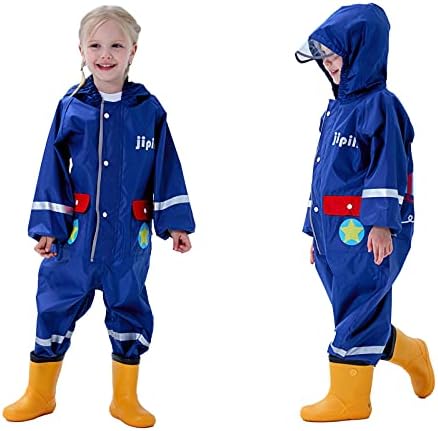 Baogaier Children Puddle Suit Boys Girls Waterproof All in One Rainsuit Hooded Lightweight Breathable Onesie Rainwear Raincoat with Reflective Stripe for Kids Toddler Age 1-8 Years
