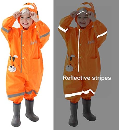 Baogaier Puddle Suit Kids Waterproof Suit Boys Girls All In One Rainsuit Hooded Lightweight Animal Pattern Onesie Rainwear Children Raincoat Easy Dry Reflective Stripe For Unisex Toddler 1-8 Years