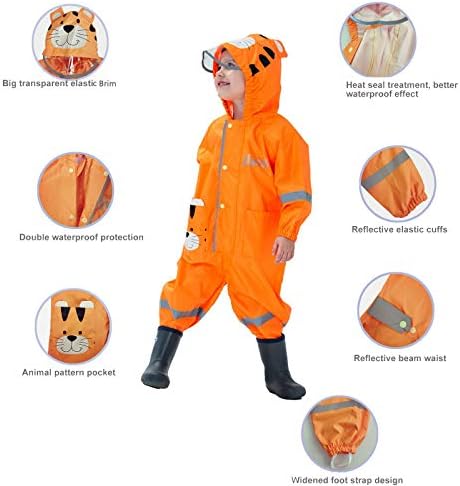 Baogaier Puddle Suit Kids Waterproof Suit Boys Girls All In One Rainsuit Hooded Lightweight Animal Pattern Onesie Rainwear Children Raincoat Easy Dry Reflective Stripe For Unisex Toddler 1-8 Years