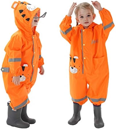 Baogaier Puddle Suit Kids Waterproof Suit Boys Girls All in one Rainsuit Hooded Lightweight Animal Pattern Onesie Rainwear Children Raincoat Easy Dry Reflective Stripe for Unisex Toddler 1-8 Years