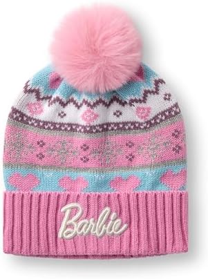 Barbie Girls Pink Fair Isle Beanie And Gloves Set - One Size Winter Knit Accessories For Kids Fair Isle Design Cosy Cold Weather Apparel Childrens Gift Idea