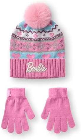 Barbie Girls Pink Fair Isle Beanie and Gloves Set - One Size Winter Knit Accessories for Kids Fair Isle Design Cosy Cold Weather Apparel Childrens Gift Idea