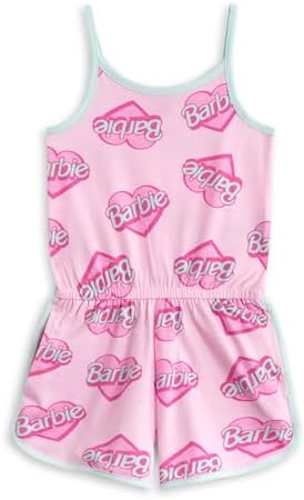 Barbie Girls Pink Sleeveless Playsuit Summer Outfit with Heart Logo Elastic Waist & Pockets Lightweight Kids Casual Wear Cute Cartoon Romper Official Clothing