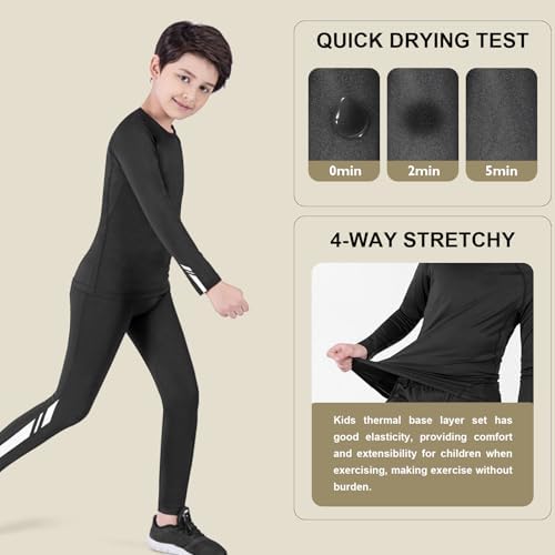Base Layer Kids - Athletic Breathable Kids Thermals With Reflective Strips Long Sleeve Compression Base Layer Set Fleece Lined Football Skins For Football Hockey Sports Black