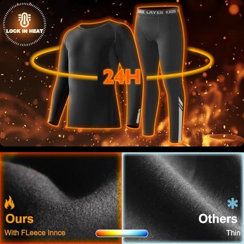 Base Layer Kids - Athletic Breathable Kids Thermals With Reflective Strips Long Sleeve Compression Base Layer Set Fleece Lined Football Skins For Football Hockey Sports Black
