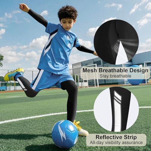 Base Layer Kids - Athletic Breathable Kids Thermals With Reflective Strips Long Sleeve Compression Base Layer Set Fleece Lined Football Skins For Football Hockey Sports Black