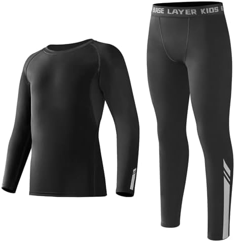 Base Layer Kids - Athletic Breathable Kids Thermals With Reflective Strips Long Sleeve Compression Base Layer Set Fleece Lined Football Skins For Football Hockey Sports Black