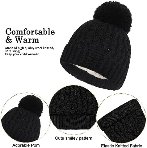Baynetin Kids Winter Hat Scarf And Gloves Set 3pcs Knitted Warmth Crochet Thick Fluffy Scarf Pom Bobble Hat Two Fingers Touch Screen Gloves Set For Boys And Girls 2-8
