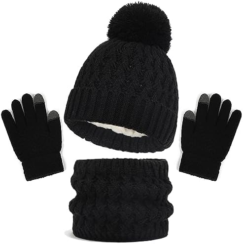 Baynetin Kids Winter Hat Scarf and Gloves Set 3pcs Knitted Warmth Crochet Thick Fluffy Scarf Pom Bobble Hat Two Fingers Touch Screen Gloves Set for Boys and Girls 2-8