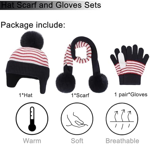 Baynetin Toddler Winter Hat Scarf Gloves Set 1-6 Years - Knit Earflap Hat With Pompom Fleece Lined Scarf & Mittens Warm 3-in-1 Accessories