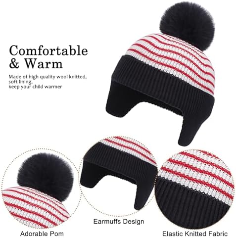 Baynetin Toddler Winter Hat Scarf Gloves Set 1-6 Years - Knit Earflap Hat With Pompom Fleece Lined Scarf & Mittens Warm 3-in-1 Accessories