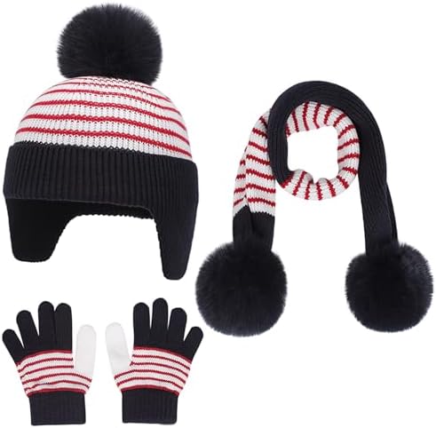 Baynetin Toddler Winter Hat Scarf Gloves Set 1-6 Years - Knit Earflap Hat with Pompom Fleece Lined Scarf & Mittens Warm 3-in-1 Accessories