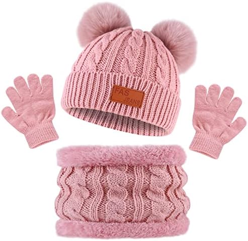 Bekecidi Kids Winter Warm Hat Scarf Gloves Set Winter Warm Knitted Beanie Hat Scarf Gloves Set Toddler Thermals Pom Pom Bobble Hats Fluffy Neck Warmer for Girls Boys Children Age 1-5