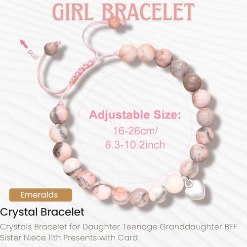 BENIFILE Strength Natural Stone Healing Bracelet 11 Year Old Girl Birthday Gifts Pink Zebra Anxiety Crystals Bracelet For Daughter Teenage Granddaughter BFF Sister Niece 11th Presents With Card