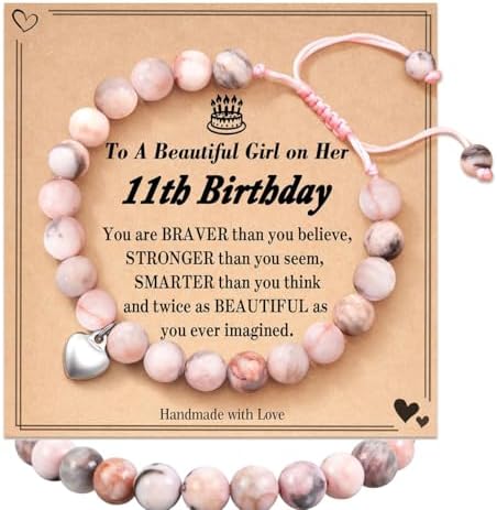 BENIFILE Strength Natural Stone Healing Bracelet 11 Year Old Girl Birthday Gifts Pink Zebra Anxiety Crystals Bracelet for Daughter Teenage Granddaughter BFF Sister Niece 11th Presents with Card