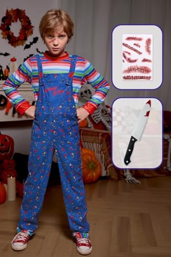 BesserBay Kids Halloween Costume Set Fancy Blue Dungarees With Striped Top 4-14 Years
